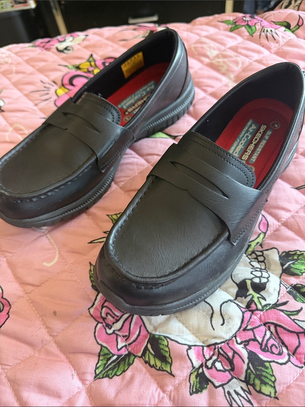 Skechers Black Slip-On Penny Loafers with Red Insole